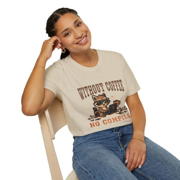 Coffee Programmer T-Shirt, "Without Coffee No Compile" Cute Raccoon Code Tee